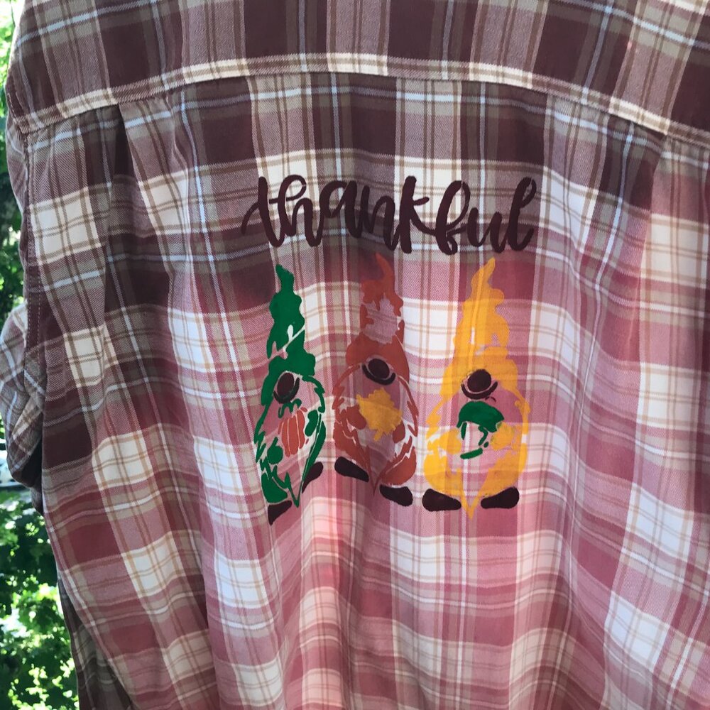 Ombre Bleached Flannel Shirt Upcycled, Painted Thankful Gnomes Plus Size XL - Picture 12 of 12